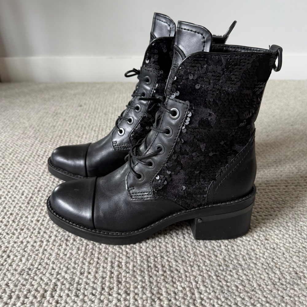 Guess Faston2 Black Leather Velvet Sequin Lace Up Combat Boots 7.5 Chic Goth